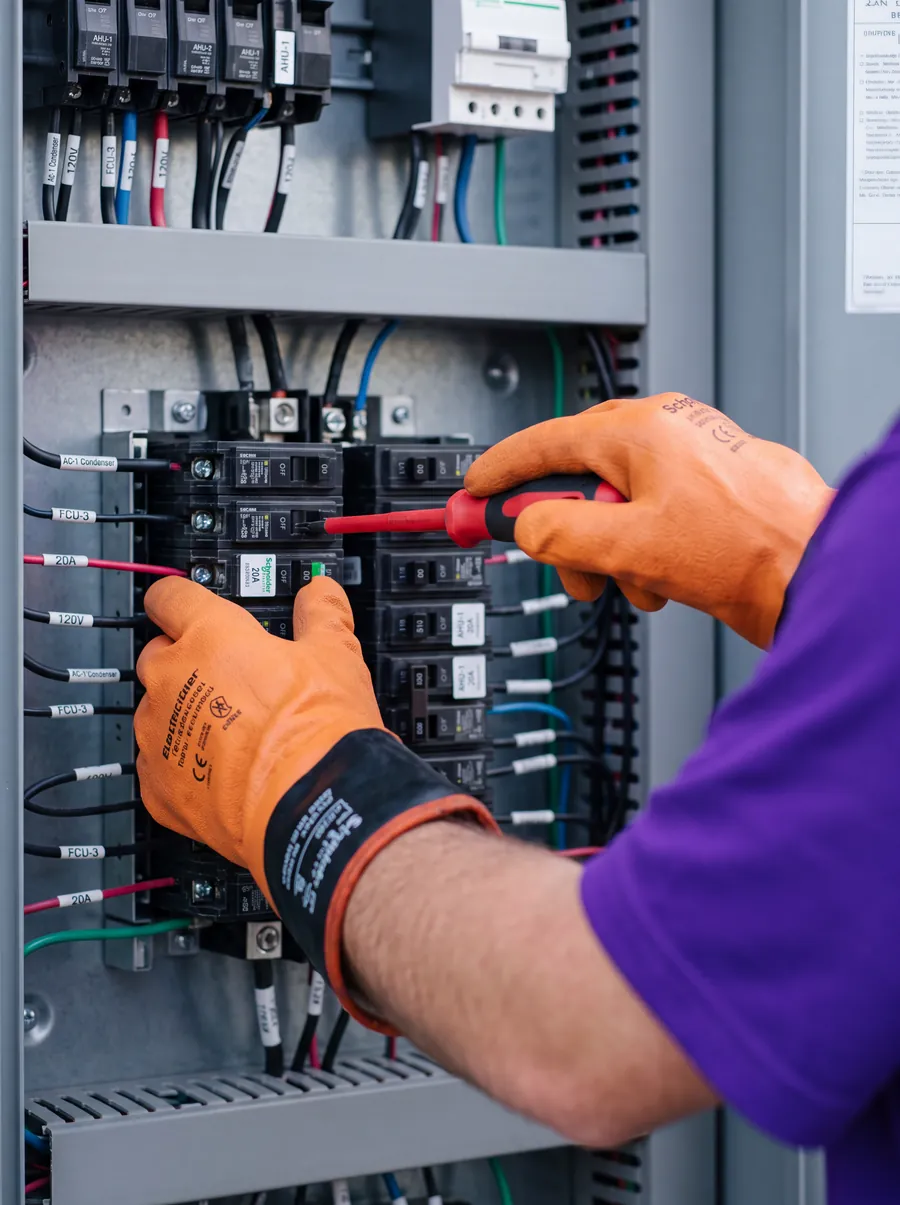Eletricista da Climatizei, com luvas de proteção, ajustando os disjuntores de um quadro elétrico