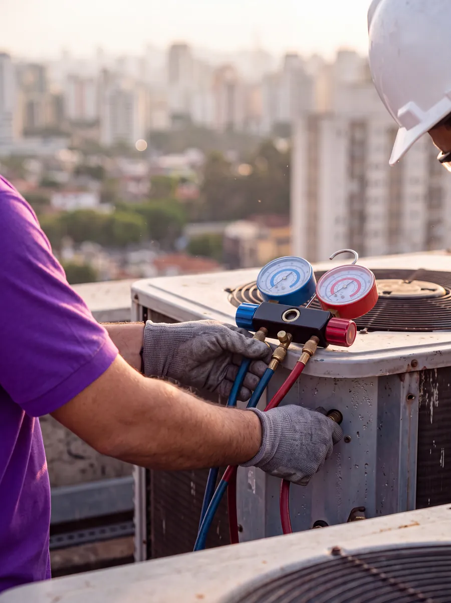 Técnico em refrigeração medindo a pressão do gás de uma condensadora no alto de um prédio em São Paulo